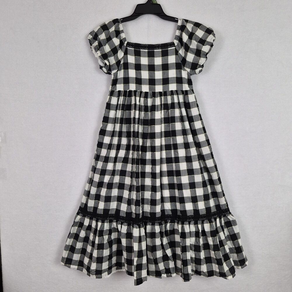 Happily Grey Girls Maxi Dress Puff Sleeve Black White Gingham Size 12 Boho Holid